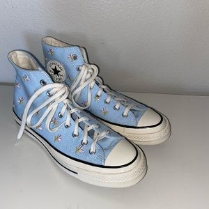 Blue converse with pink flowers